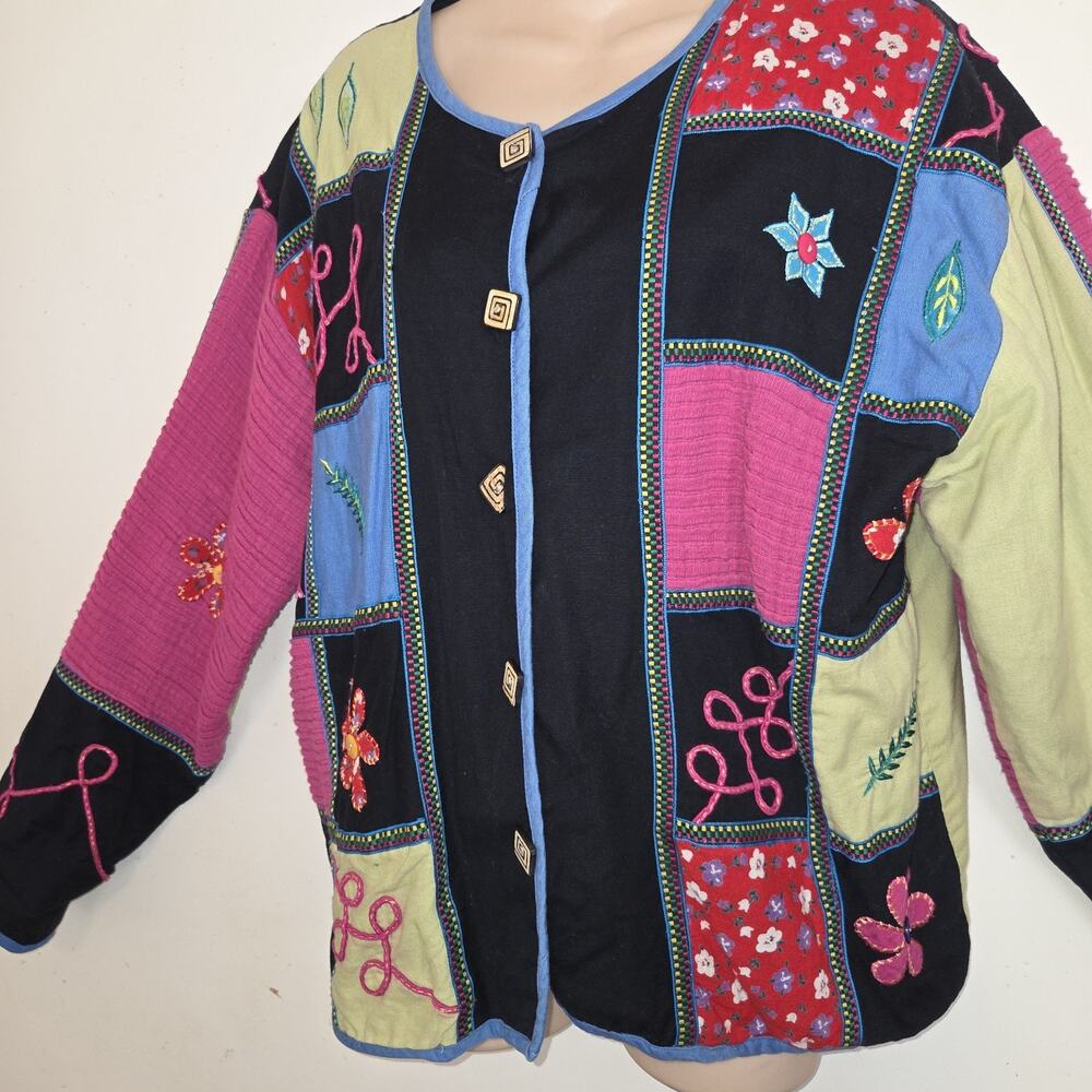 Sara Studio Plus Patchwork Jacket Top 1X Linen Blend Boho Festival Lined Artsy - Picture 3 of 16